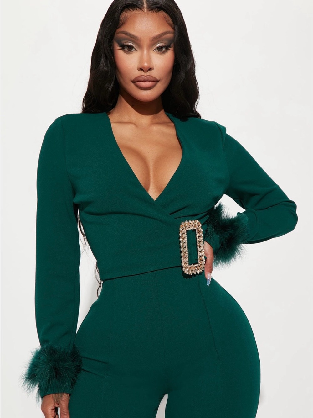 Fashion Nova Emerald Green Faux-Fur Cuff Wide-Leg Jumpsuit - Picture 2 of 3